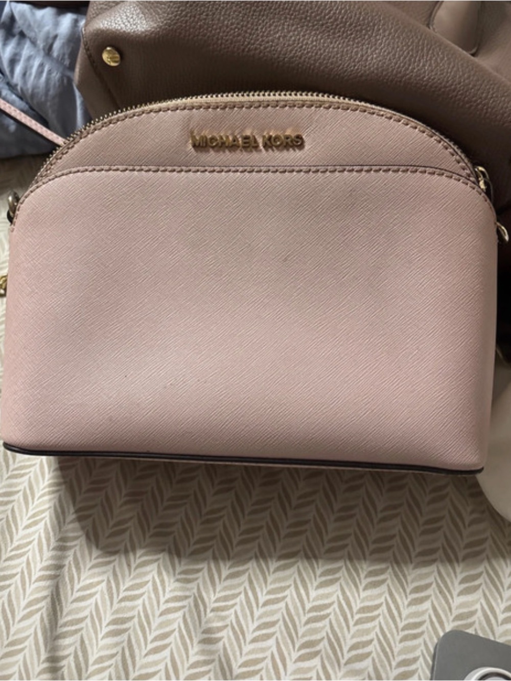 Michael Kors Pale Pink Saffiano Dome Crossbody with Gold Hardware